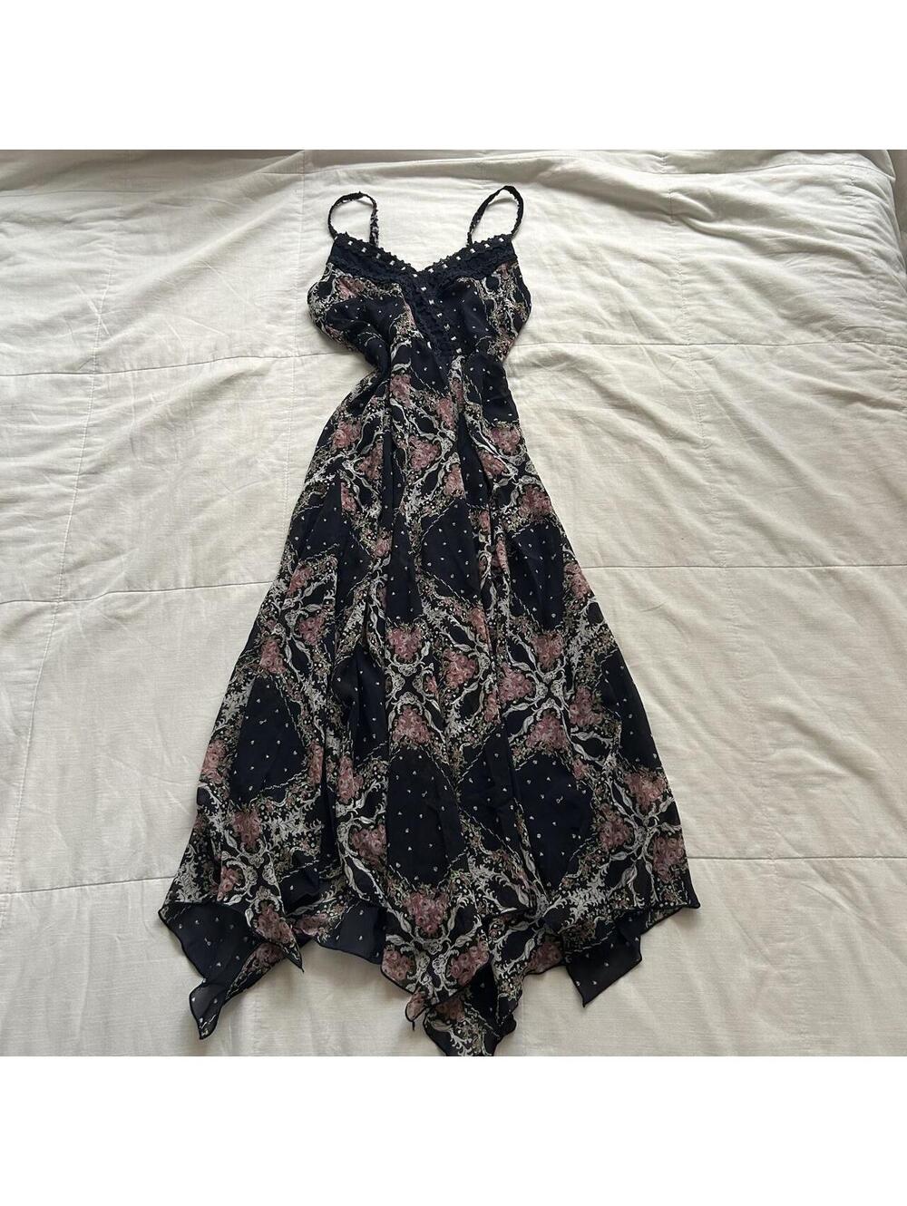 Axes Femme Navy Rose Floral Lace Handkerchief Hem Maxi Dress M Japan